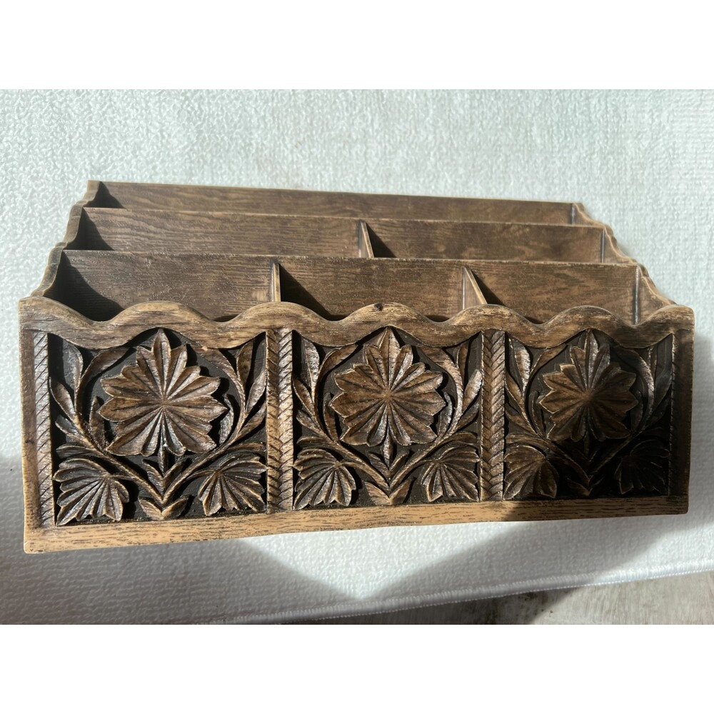 Vintage Lerner 1970’s Mail Letter Organizer Holder Desktop Faux Wood Carved Look